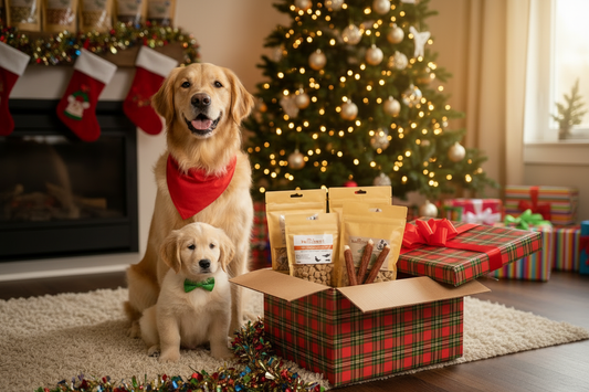 Farbenfrohe Kallisbest Weihnachtsbox mit erwachsenem Hund und Welpe neben buntem Weihnachtsbaum