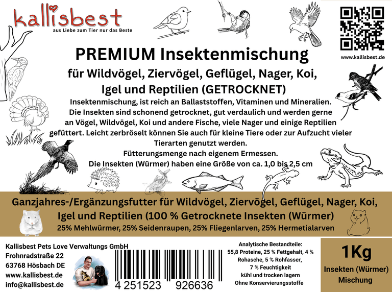 PREMIUM Insektenmischung getrocknet NEU für Wildvögel, Geflügel, Fische, Reptilien & Kleinsäuger - Kallisbest