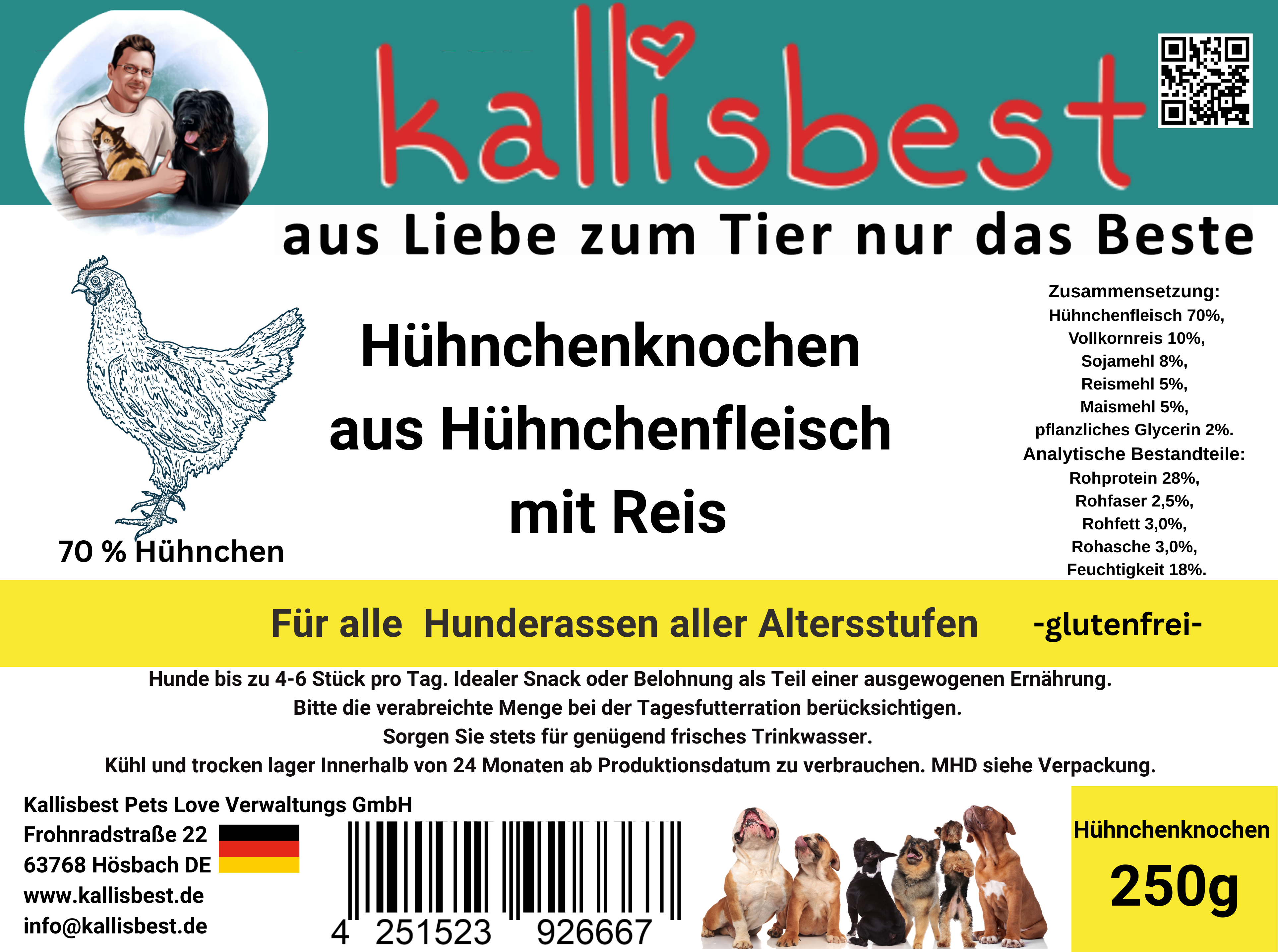 Hühnchenknochen aus Hühnchenfleisch mit Reis für Hunde