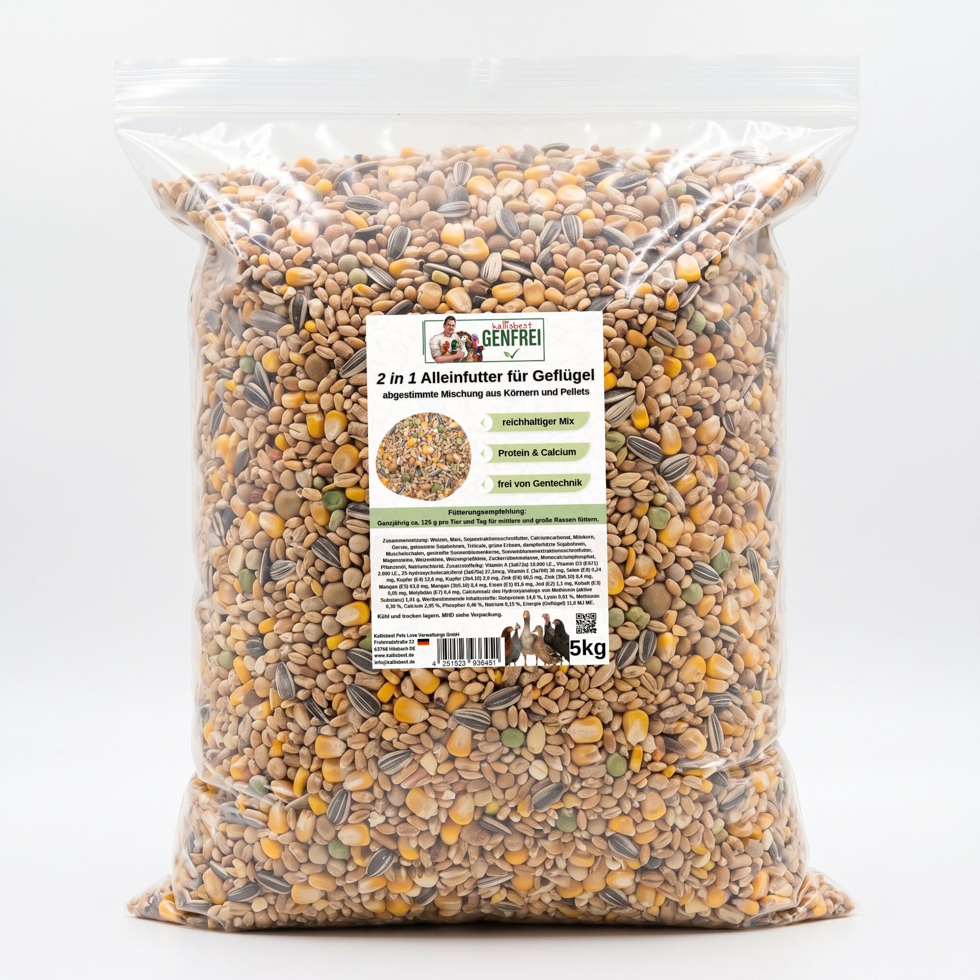 Kallisbest 2 in 1 Alleinfutter für Gefügel – Körner & Pellets, Genfrei, 5 kg