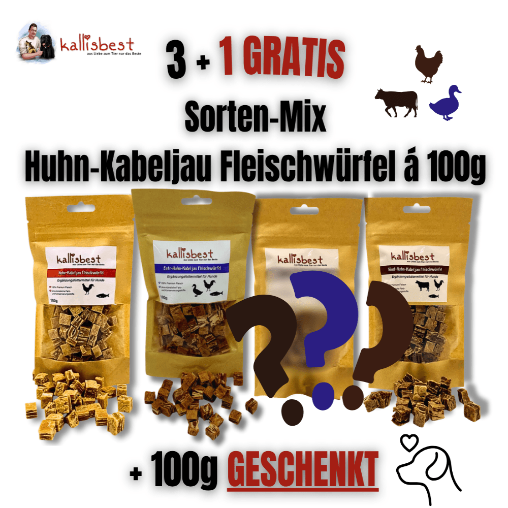 Rind - Huhn - /Ente - Huhn - /Huhn - Kabeljau - Fleischwürfel für Hunde, Sorten - Mix 3+1 GRATIS á 100g - Kallisbest