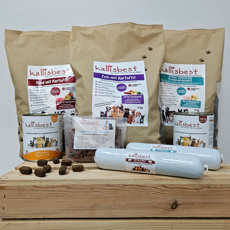 Abwechslung Paket Nr. 2 getreidefrei große Kroketten Rind, Ente & Vital Spezial je 3Kg u.a. - Kallisbest