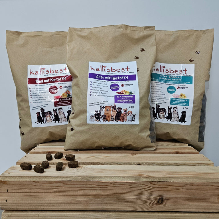 Abwechslung Paket Nr.1 getreidefrei große Kroketten Rind, Ente & Vital Spezial je 3Kg - Kallisbest