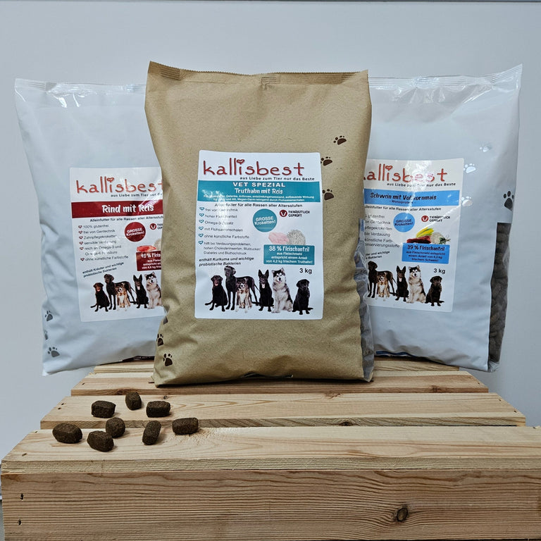 Abwechslung Paket Nr.3 glutenfrei große Kroketten Rind, Schwein & Vet Spezial je 3Kg - Kallisbest