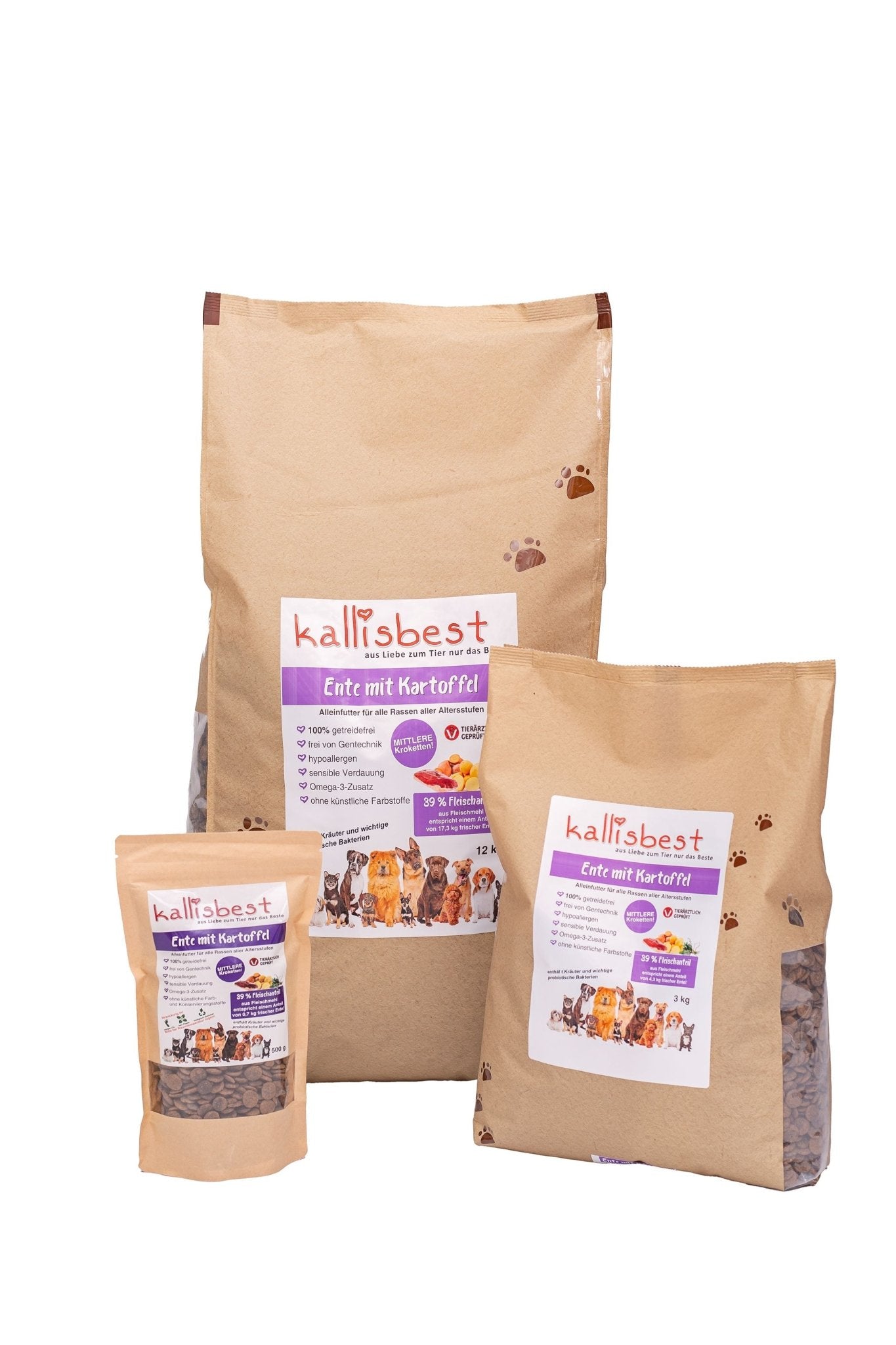 Trockenfutter für Hunde von kallisbest, Ente mit Kartoffel und mittleren Kroketten in einer 12 kg Packung.