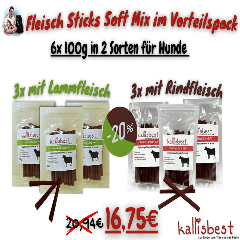 Fleischsticks Soft Mix im Vorteilspack 6x 100g, 3x Lammfleisch Sticks und 3x Rindfleischsticks - Kallisbest