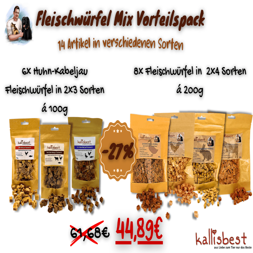 Fleischwürfel Mix Vorteilspack für Hunde und Katzen, insgesamt 14 Artikel in verschiedenen Sorten - Kallisbest