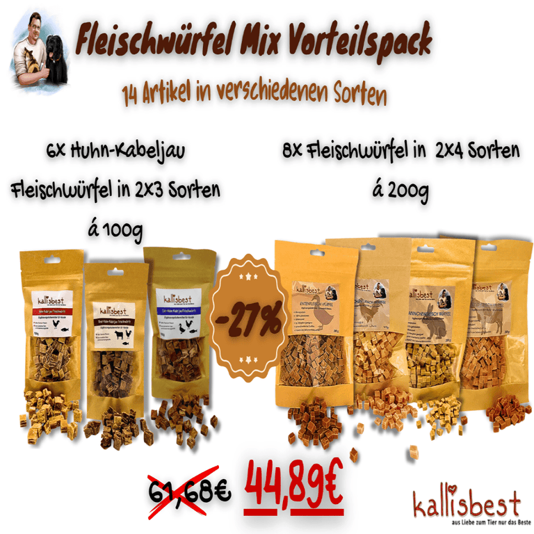 Fleischwürfel Mix Vorteilspack für Hunde und Katzen, insgesamt 14 Artikel in verschiedenen Sorten - Kallisbest