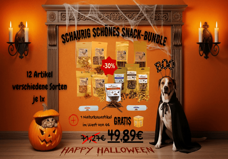 Halloween Snack-Bundle für Hunde, 12 Artikel in verschiedenen Sorten + 1 Naturkauartikel gratis