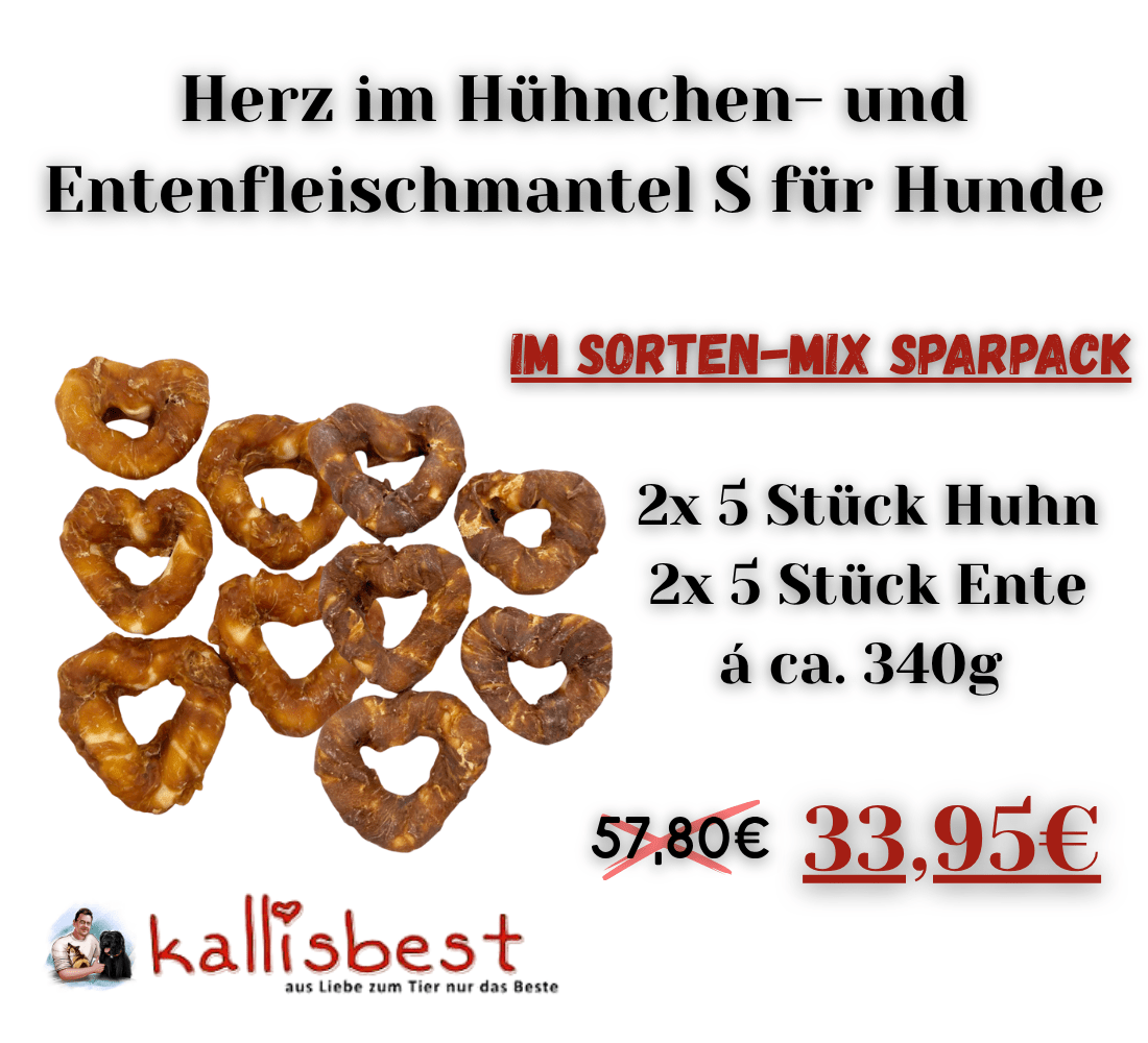 Herz im Hühnchen - und Entenfleischmantel S für Hunde im Sorten - Mix Sparpack 4x 5 Stück - Kallisbest