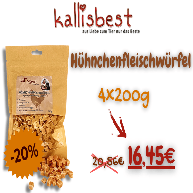 Hühnchenfleischwürfel Getreidefrei Maxipack Trainees Snack für Hunde und Katzen - Kallisbest