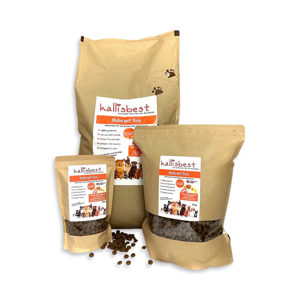 Kallisbest Huhn mit Reis Trockenfutter für Hunde in einer Verpackung mit köstlichen Kroketten sichtbar.