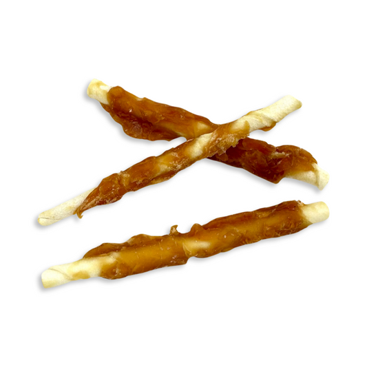 Chewing sticks in chicken meat coating