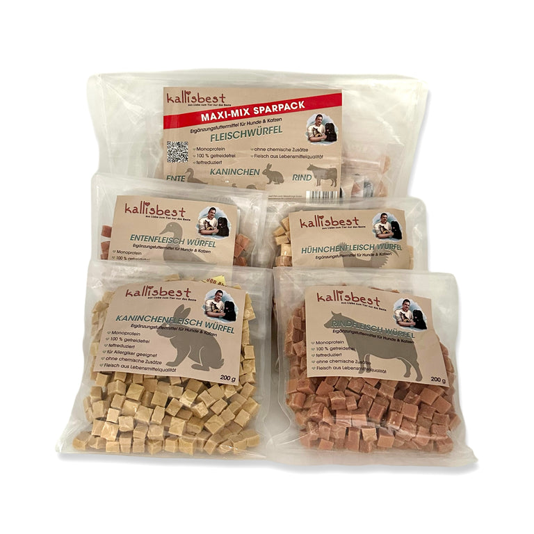 Pack économique Mega Mix Training 4 x 200 g, poulet, bœuf, canard, lapin.