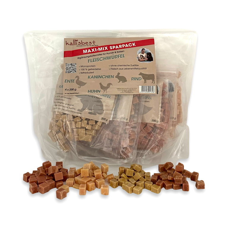 Pack économique Mega Mix Training 4 x 200 g, poulet, bœuf, canard, lapin.