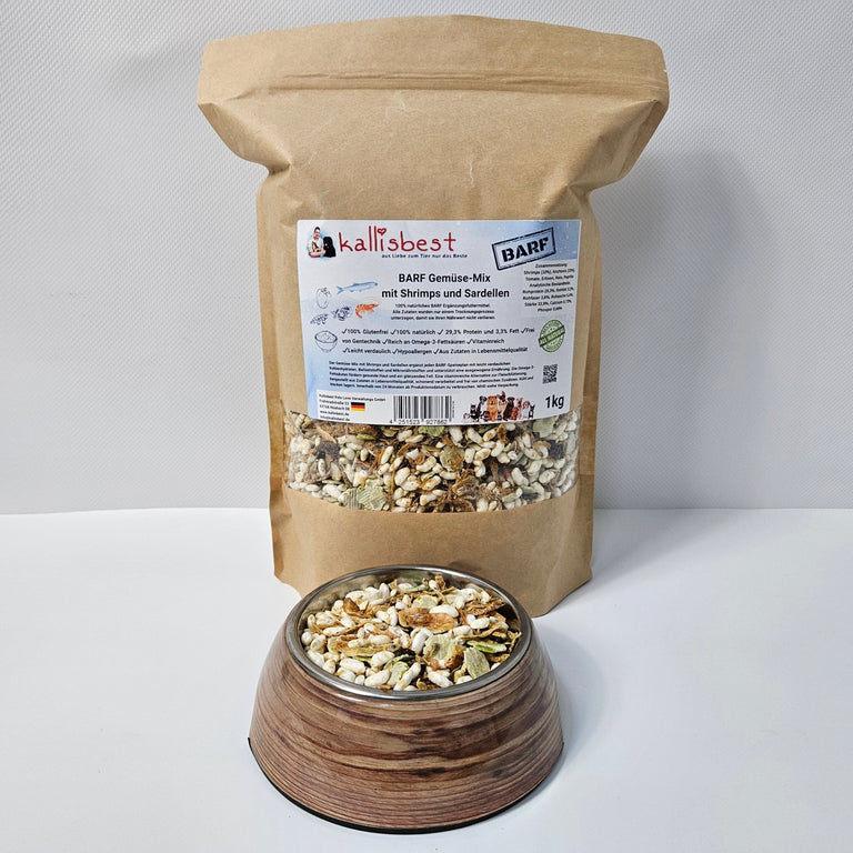 Kallisbest BARF Gemüse-Mix with shrimp and sardines, 1kg package, featuring vibrant vegetables and seafood mix.