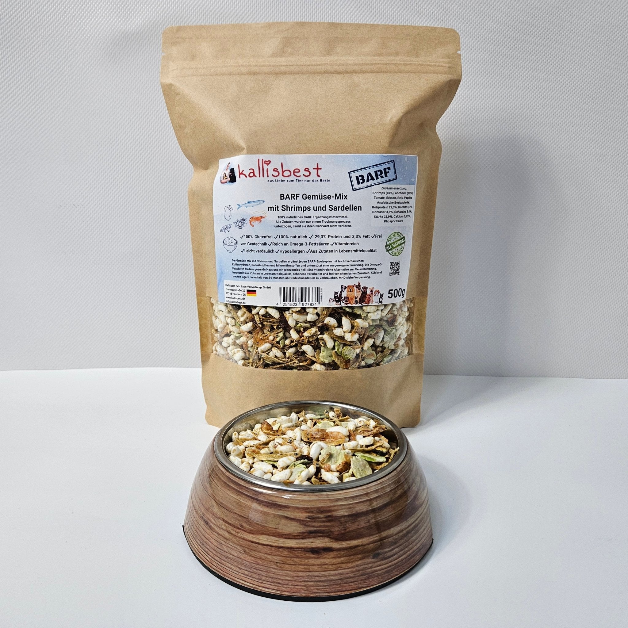 Kallisbest BARF Gemüse-Mix with shrimps and anchovies, 500g pack, featuring colorful vegetables and seafood mix.