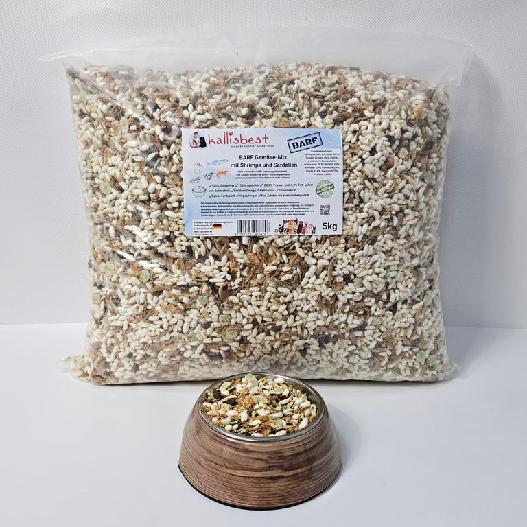 Kallisbest BARF Gemüse-Mix with shrimp and anchovies in a 5kg bag, featuring fresh vegetable blends for pet nutrition.