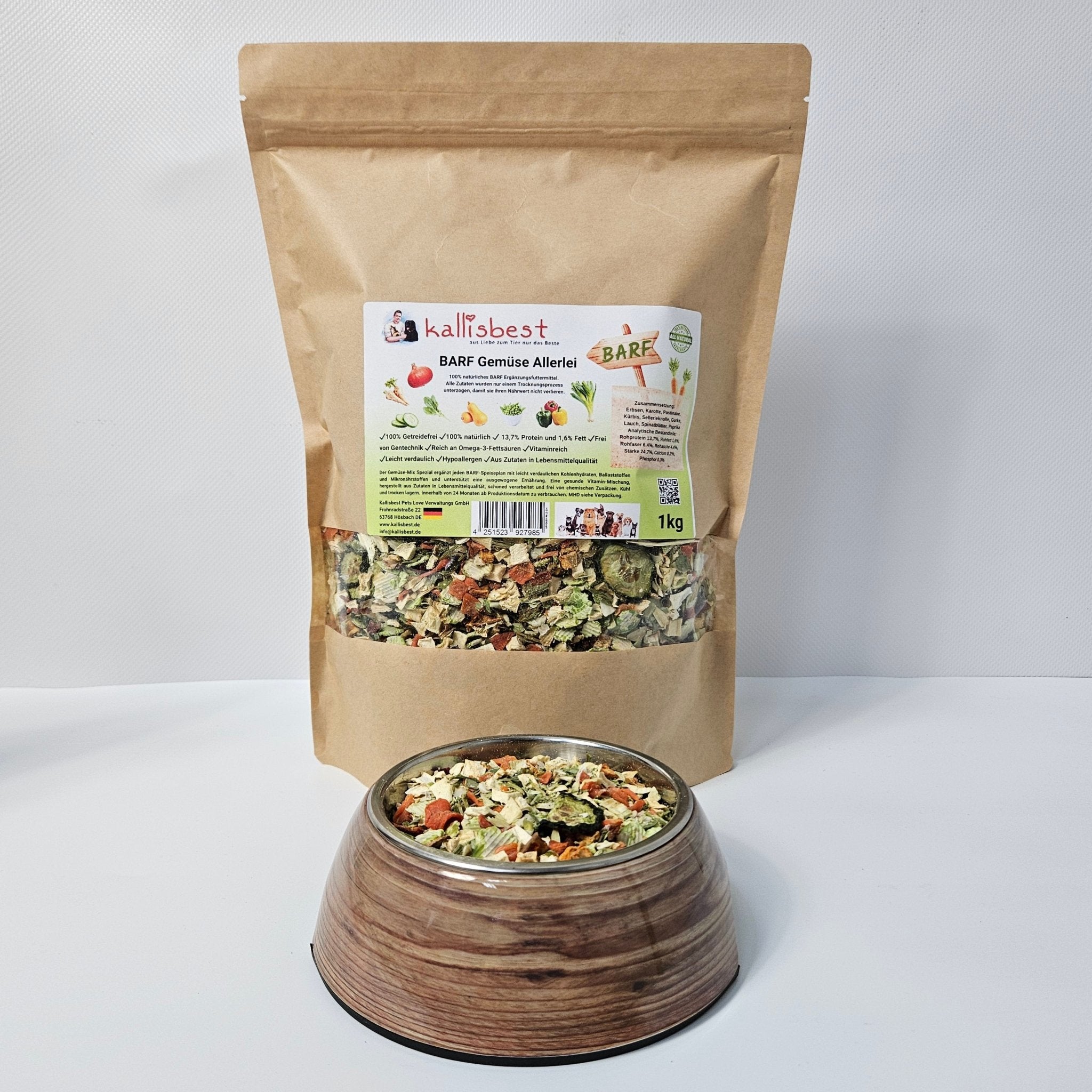 Kallisbest BARF Gemüse Allerlei 1kg pack featuring colorful vegetable mix for pet food supplementation.