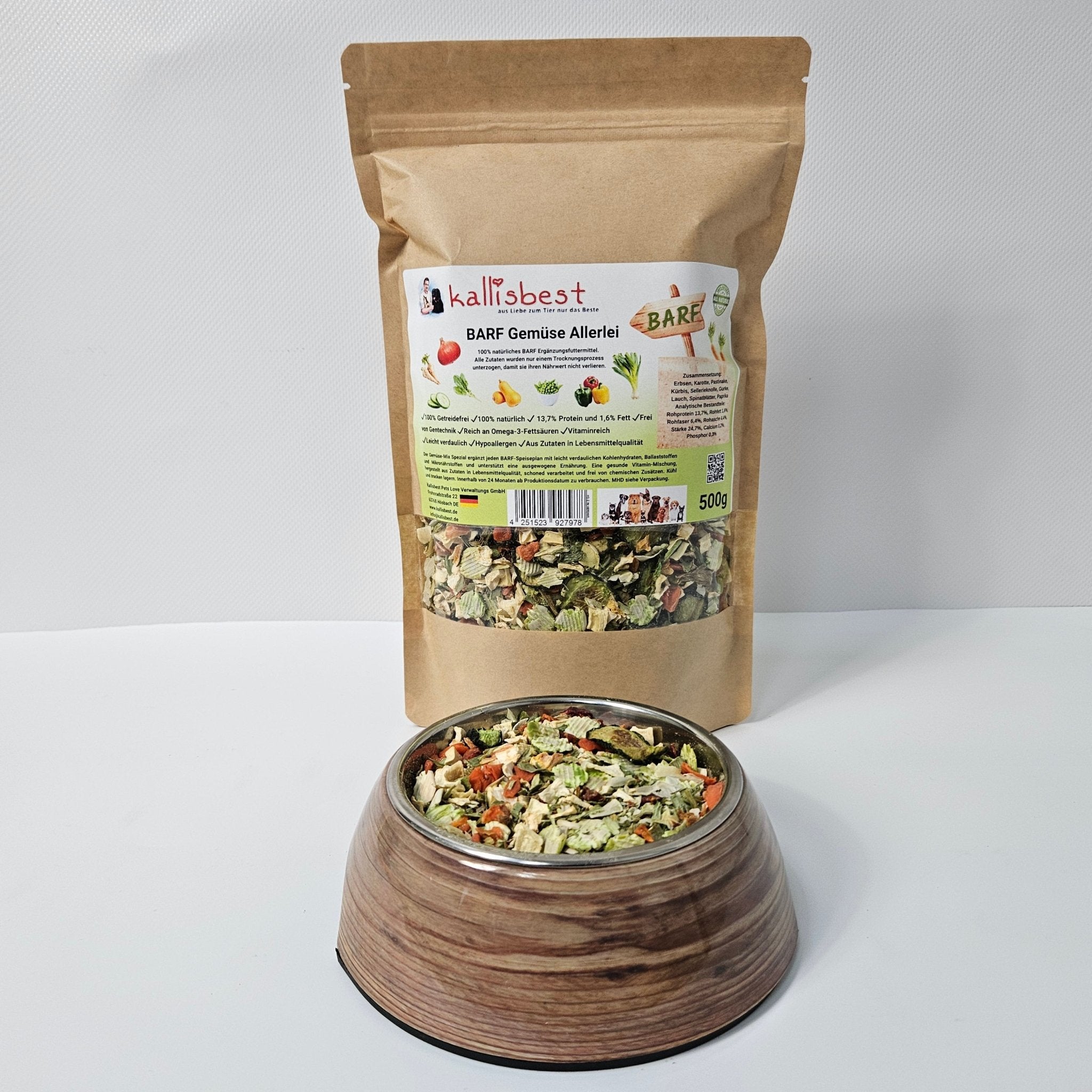 Kallisbest BARF Gemüse Allerlei 500g, a colorful mix of vegetables for pet food supplementation.