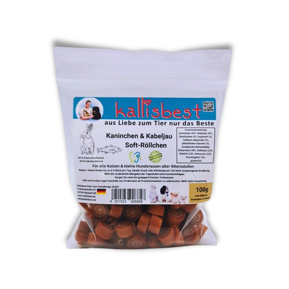 Kaninchenröllchen mit Kabeljau Soft für Hunde & Katzen