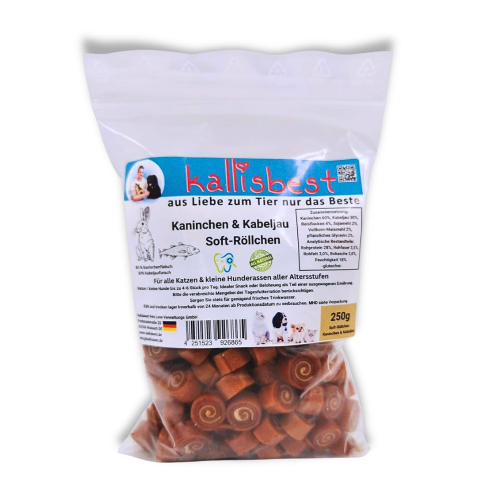 Kaninchenröllchen mit Kabeljau Soft für Hunde & Katzen