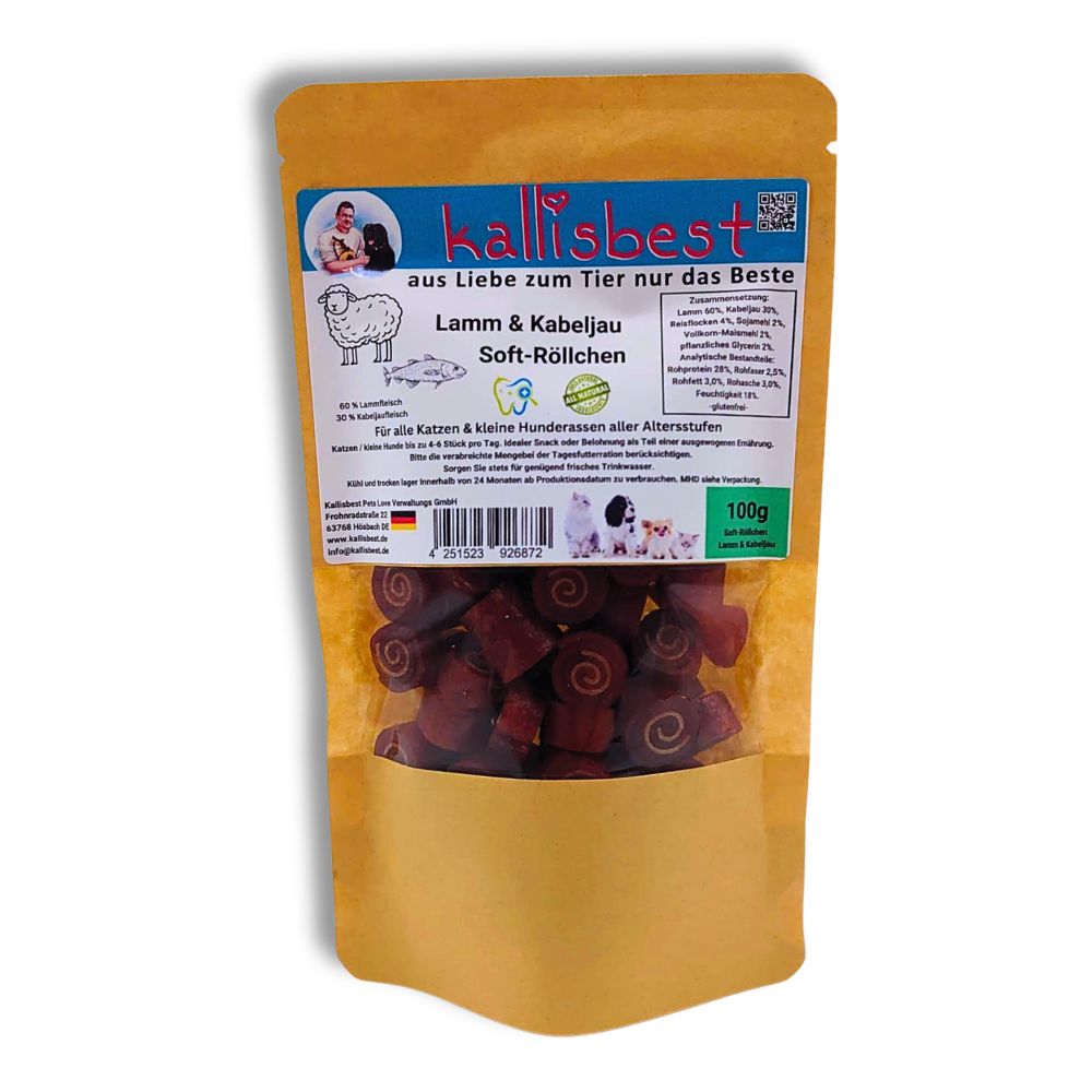 Lammröllchen mit Kabeljau Soft für Hunde & Katzen