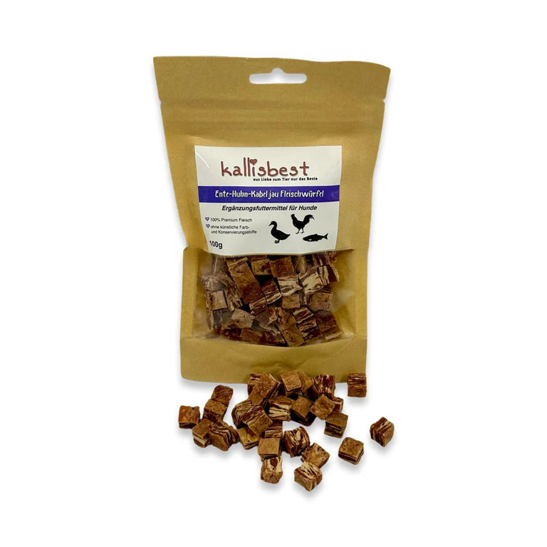Rind - Huhn - /Ente - Huhn - /Huhn - Kabeljau - Fleischwürfel für Hunde, Sorten - Mix 3+1 GRATIS á 100g - Kallisbest