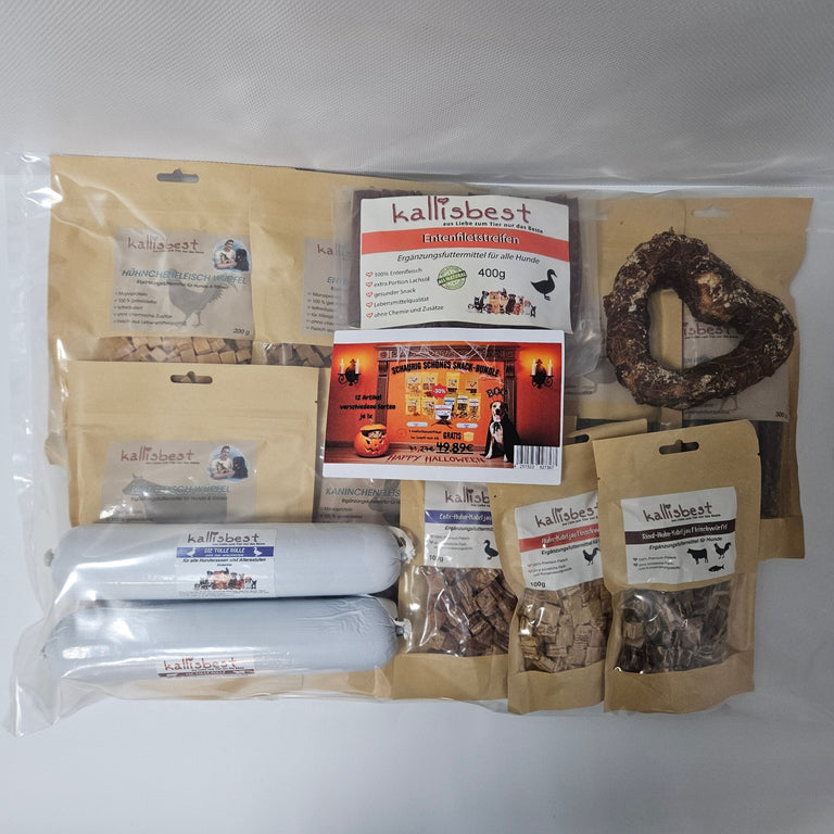 Halloween Snack-Bundle für Hunde, 12 Artikel in verschiedenen Sorten + 1 Naturkauartikel gratis