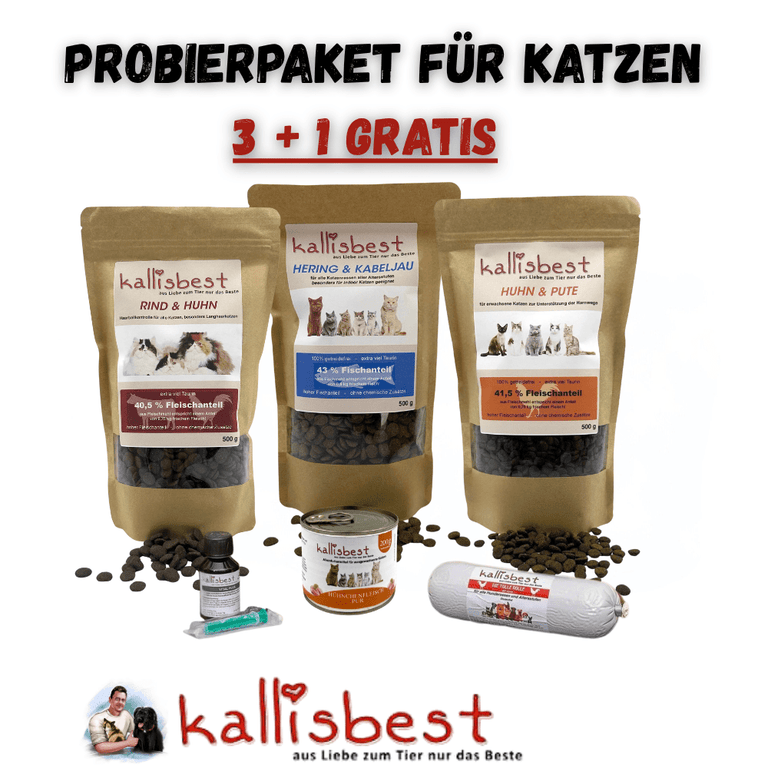Probierpaket für Katzen 3+1 gratis Beutel, 1x 200g Dose (zufällig), 1 x Tolle Rolle 200 g für Katzen + Probe Vital Plus Lebenselixier - Kallisbest