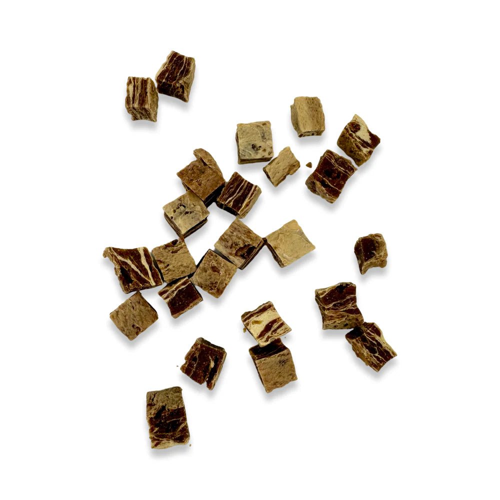 Rind - Huhn - /Ente - Huhn - /Huhn - Kabeljau - Fleischwürfel für Hunde, Sorten - Mix 3+1 GRATIS á 100g - Kallisbest