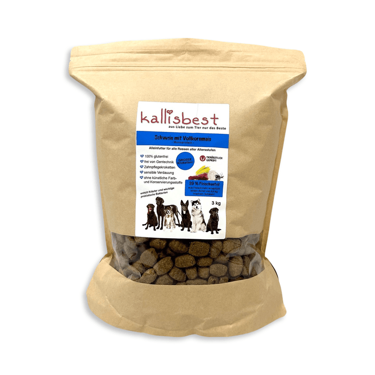 Kallisbest Hundefutter große Kroketten mit Schwein, Vollkornmais und Reis in einer Schüssel für Hunde.