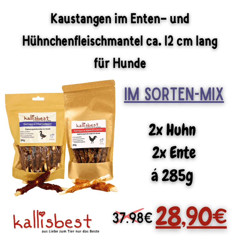 Kaustangen im Hühnchen - und Entenfleischmantel ca. 12cm im Sorten - Mix für Hunde, 4x285g - Kallisbest