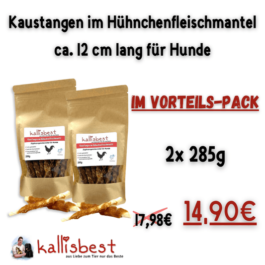 Kallisbest chicken-wrapped dog chews, approximately 12 cm, suitable for all breeds and ages, in a 285g package.