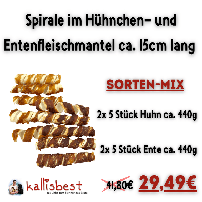 Spirale im Hühnchen - und Entenfleischmantel Sorten - Mix 4x 5 Stück - Kallisbest