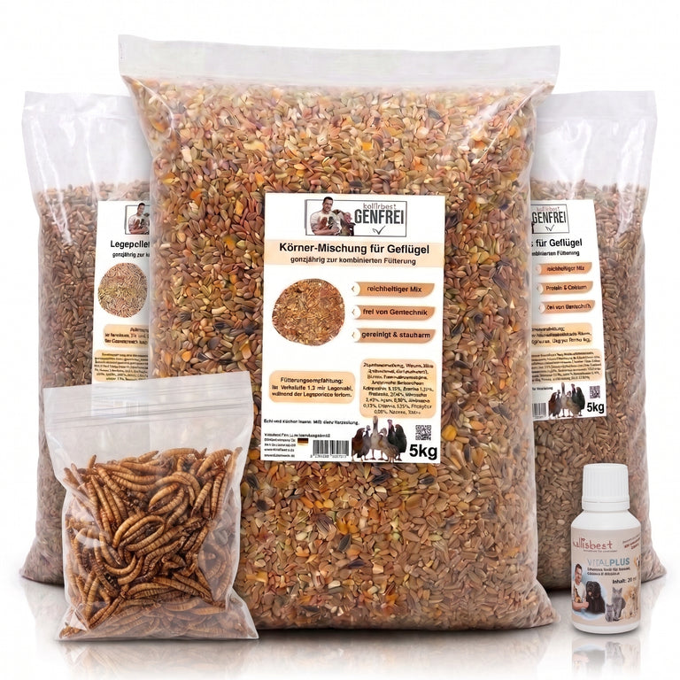 Sparpaket: 1x Körner-Mischung + 2x Legepellets – GVO-frei – Made in Germany