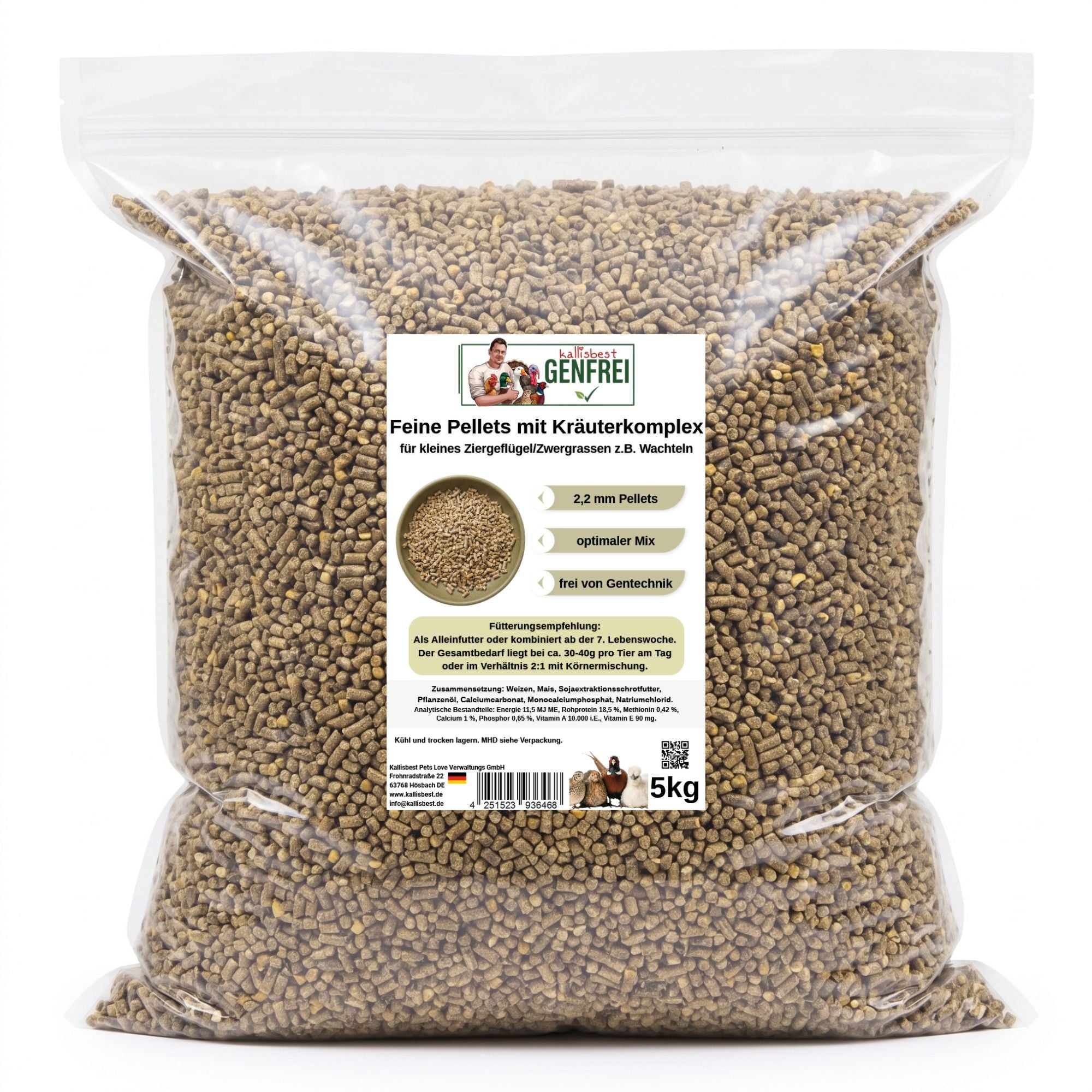 Kallisbest Feine Pellets mit Kräuterkomplex – 2,2 mm, Genfrei, für Ziergeflügel & Wachteln, 5 kg