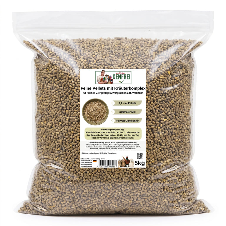 Kallisbest Feine Pellets mit Kräuterkomplex – 2,2 mm, Genfrei, für Ziergeflügel & Wachteln, 5 kg