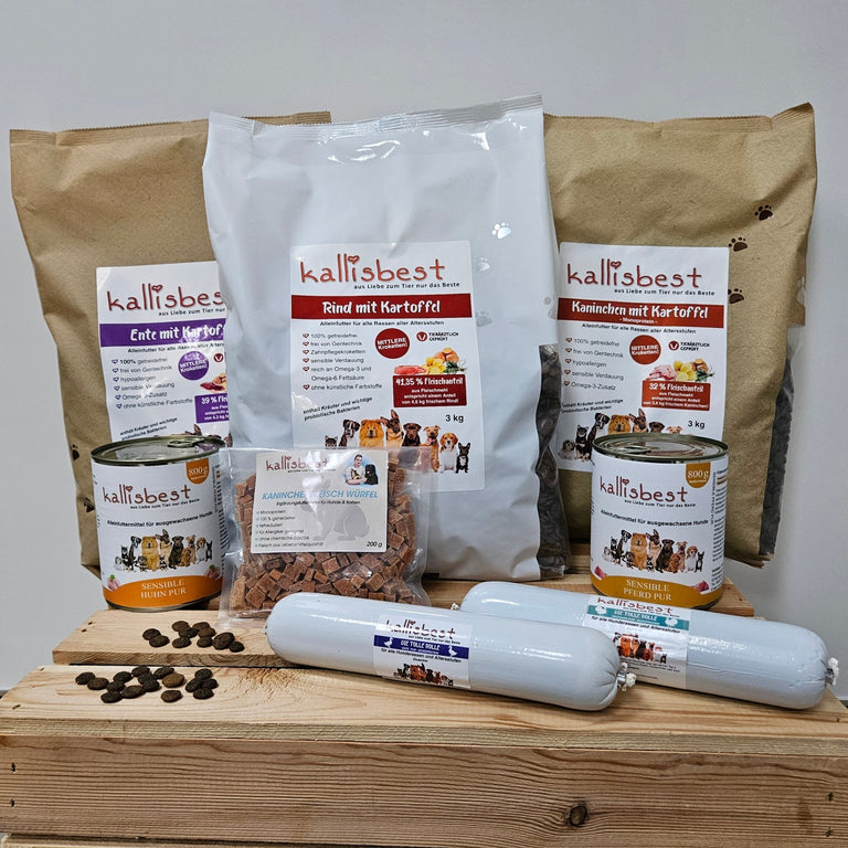 Abwechslung Paket Nr.8 getreidefrei Medium Kroketten Ente, Rind, Kaninchen je 3Kg u.a. - Kallisbest