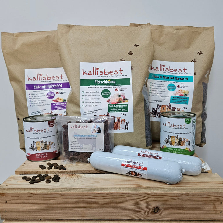 Abwechslung Paket Nr.6 getreidefrei Medium Kroketten Ente,Fleischkönig, Fisch & Rind, je 3Kg u.a. - Kallisbest