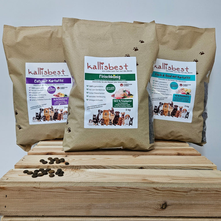 Abwechslung Paket Nr.5 getreidefrei Medium Kroketten Ente,Fleischkönig, Fisch & Rind, je 3Kg - Kallisbest