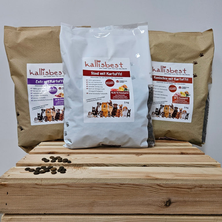 Abwechslung Paket Nr.7 getreidefrei Medium Kroketten Ente, Rind, Kaninchen je 3Kg - Kallisbest