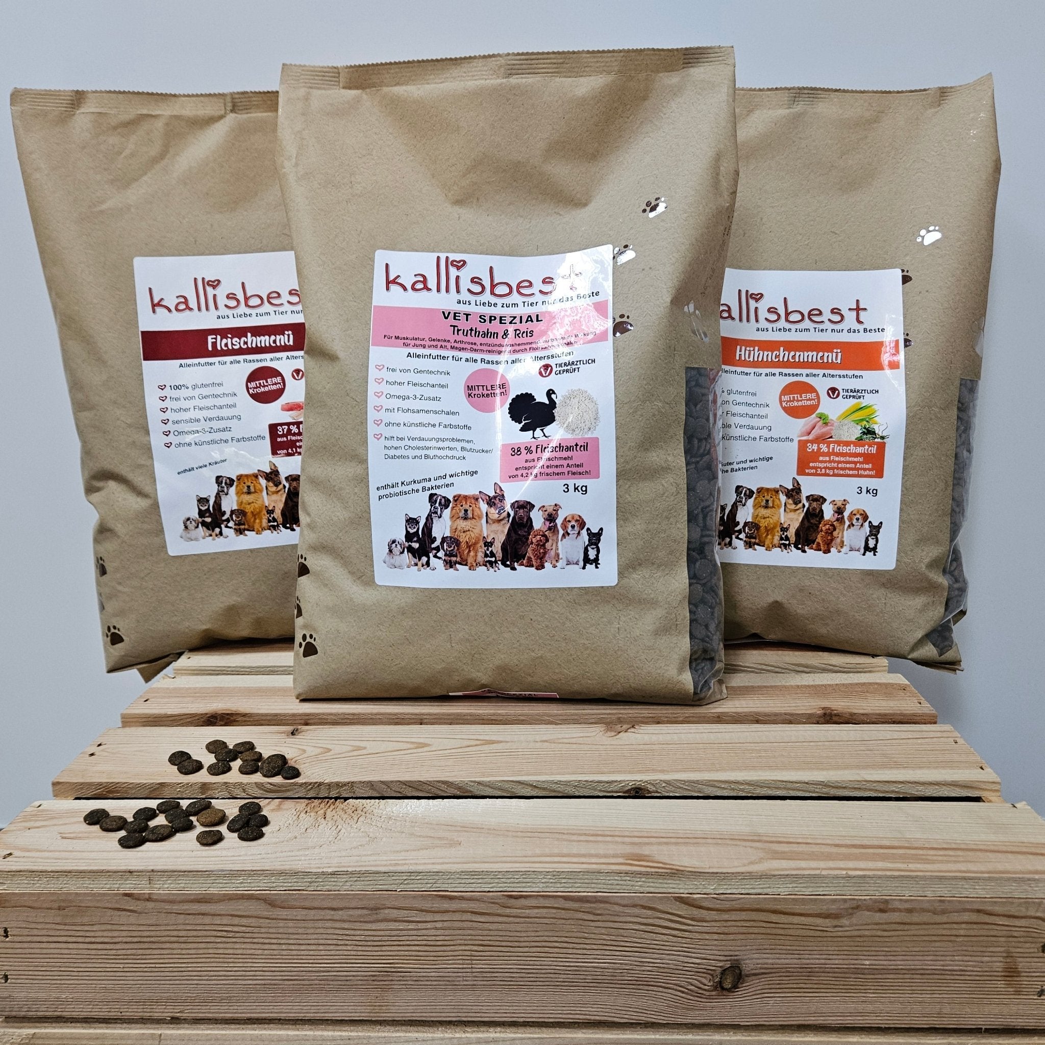 Abwechslung Paket Nr.9 glutenfrei Medium Kroketten Fleischmenü, Hühnchenmenü & Vet Spezial je 3Kg - Kallisbest