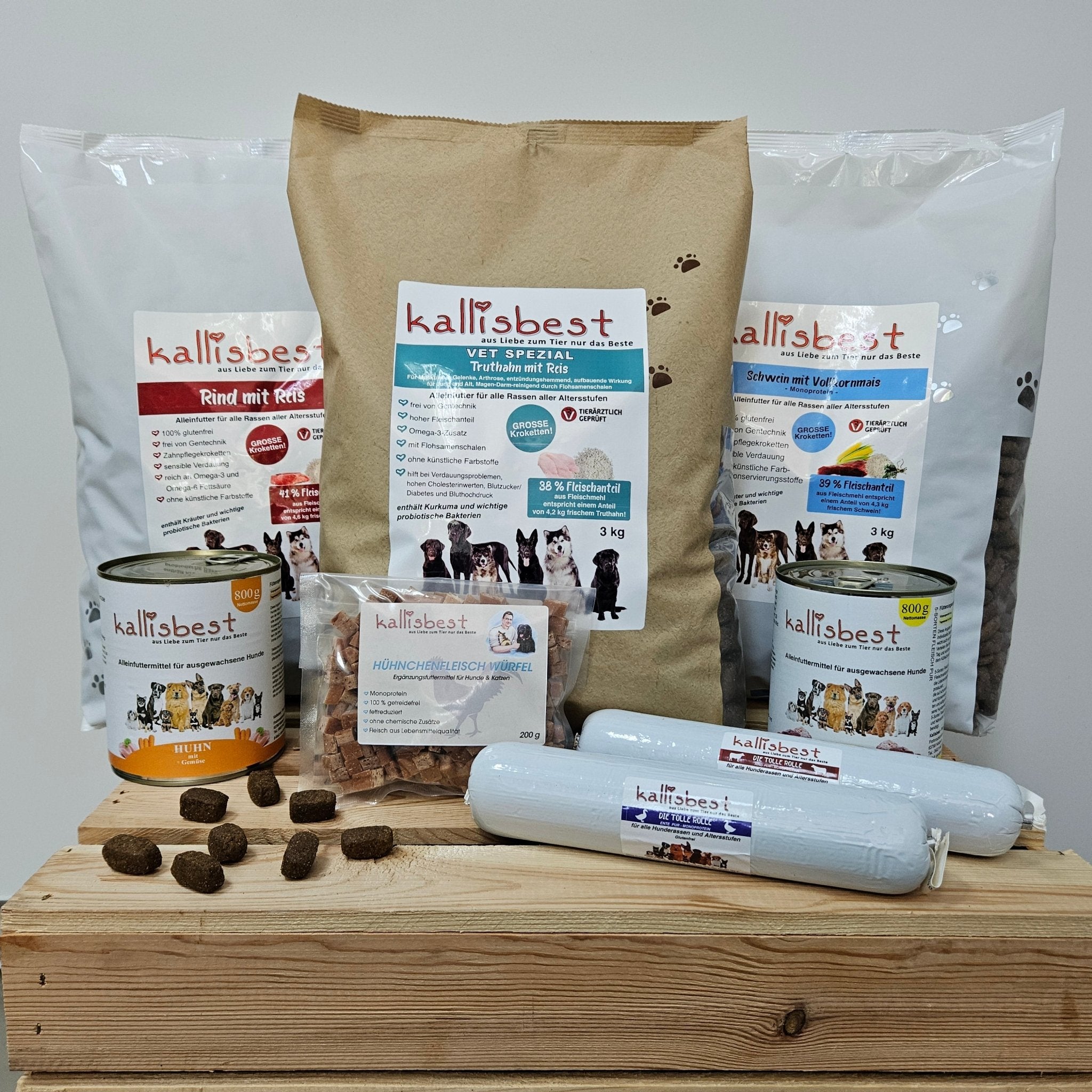 Abwechslung Paket Nr.4 glutenfrei große Kroketten Rind, Schwein & Vet Spezial je 3Kg - Kallisbest