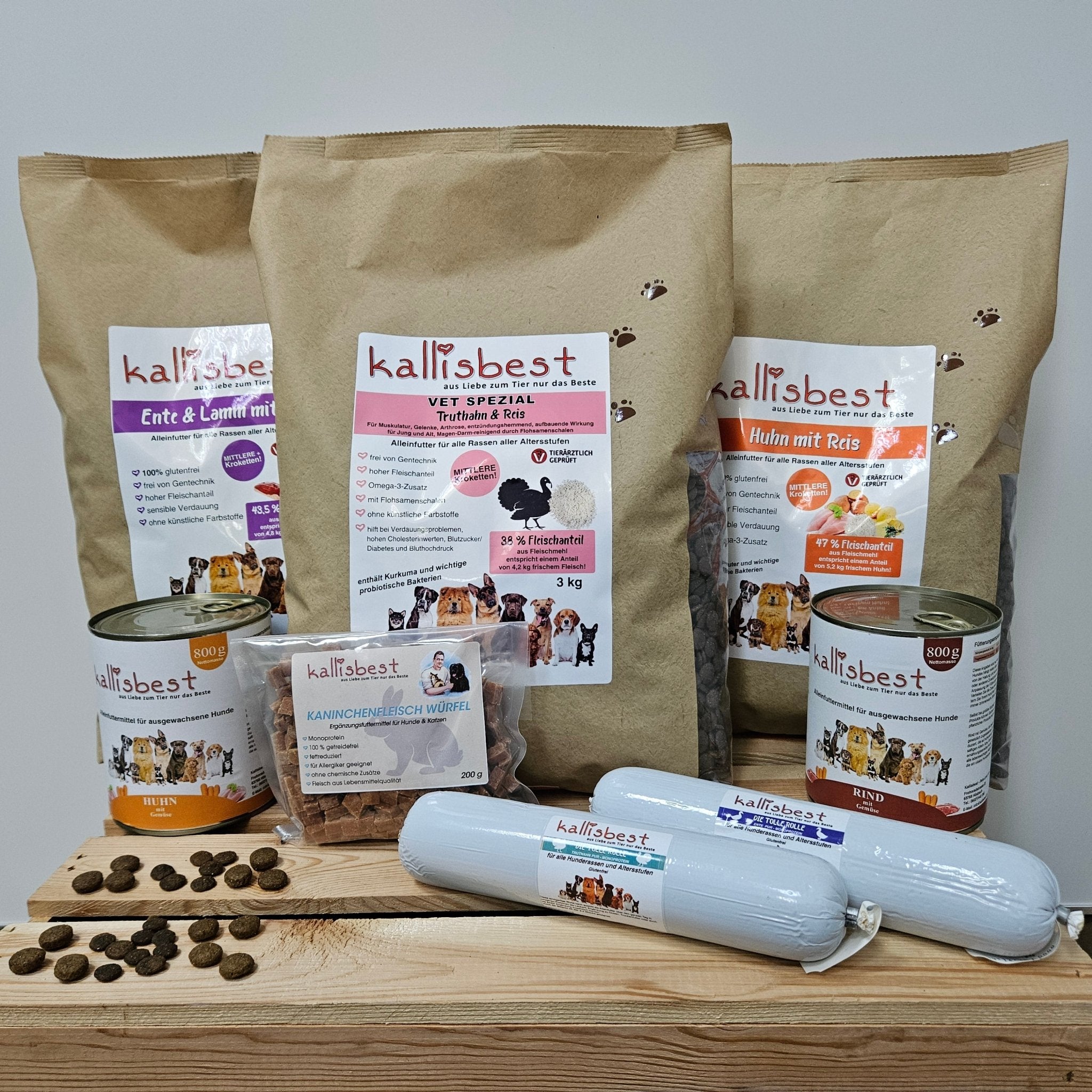 Abwechslung Paket Nr.12 glutenfrei Medium Kroketten Ente Lamm, Huhn Reis & Vet Spezial je 3Kg u.a. - Kallisbest