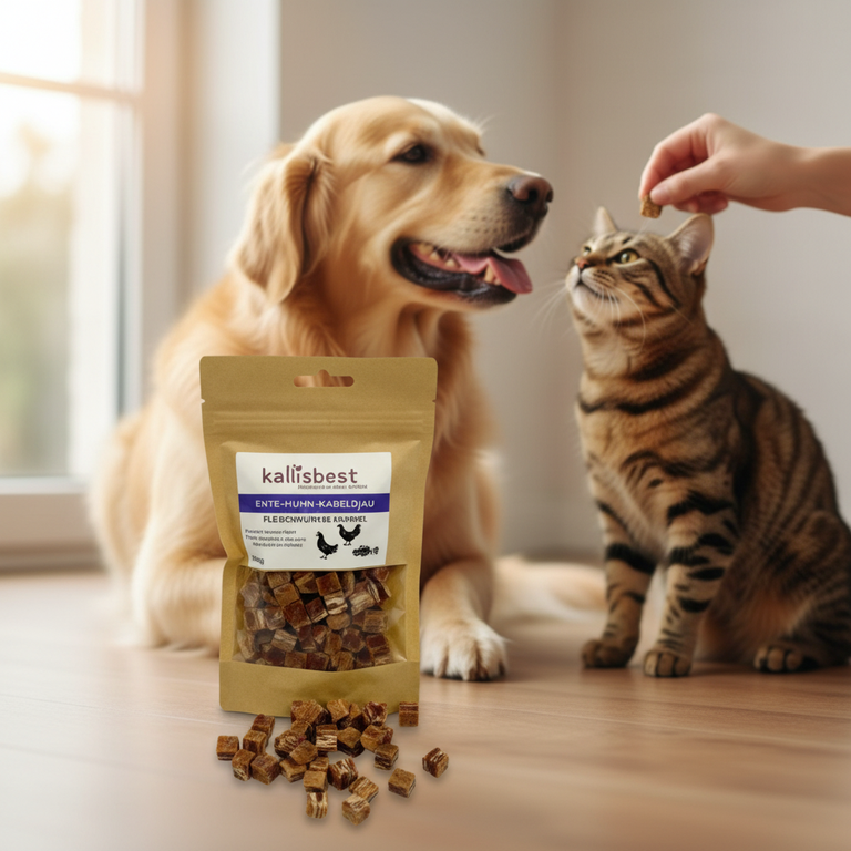 Ente-Huhn-Kabeljau Fleischwürfel – Verpackung vorne, Golden Retriever und Katze im Hintergrund