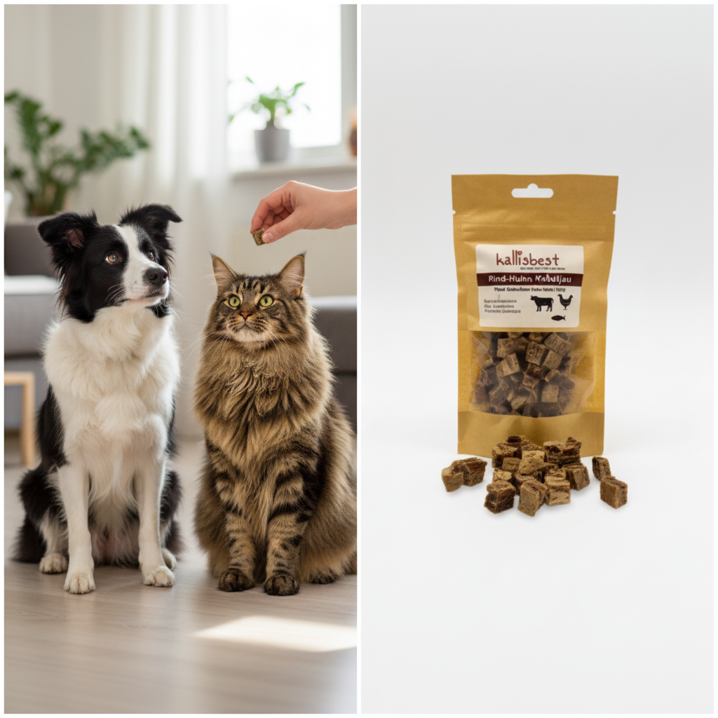 Rind-Huhn-Kabeljau Fleischwürfel – Border Collie und Maine Coon mit Verpackung