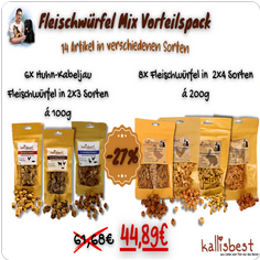 Fleischwürfel Mix Vorteilspack für Hunde und Katzen, insgesamt 14 Artikel in verschiedenen Sorten