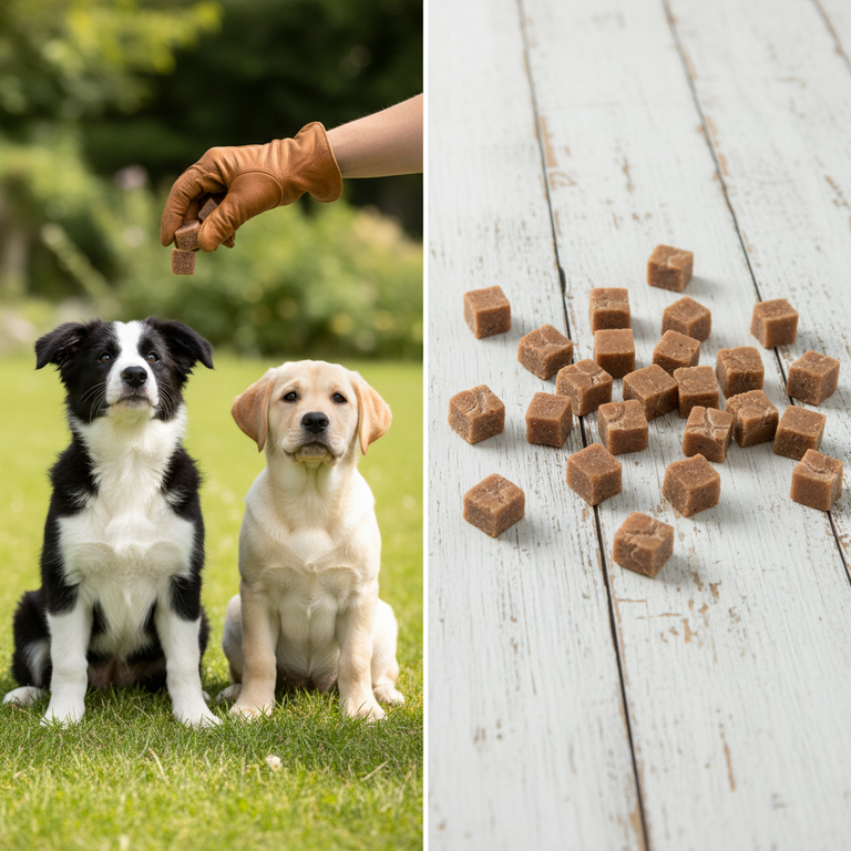 Rindfleischwürfel Maxipack – Border Collie und Labrador im Training mit Würfeln