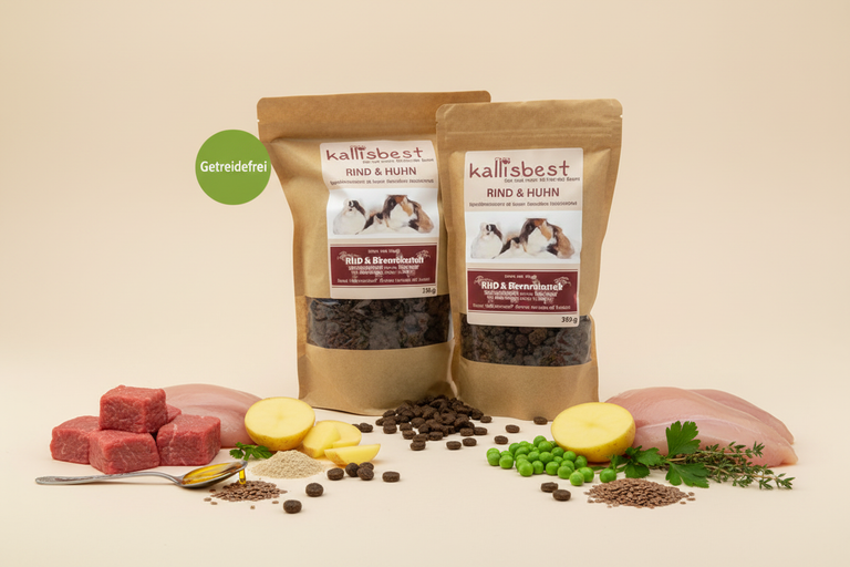 Rind & Huhn Haarballkontrolle Katzen – Verpackung mit Zutaten und Getreidefrei-Badge links